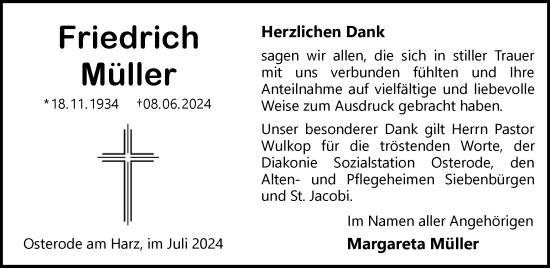 Traueranzeige von Friedrich Müller von Harz Kurier