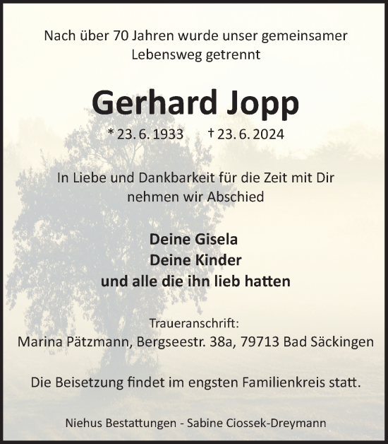 Traueranzeige von Gerhard Jopp von Harz Kurier