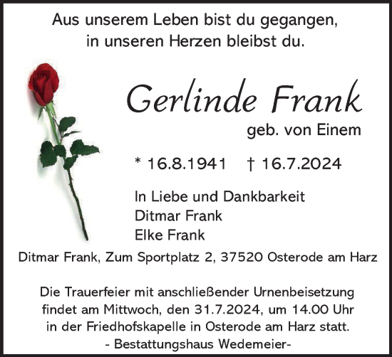 Traueranzeige von Gerlinde Frank von Harz Kurier