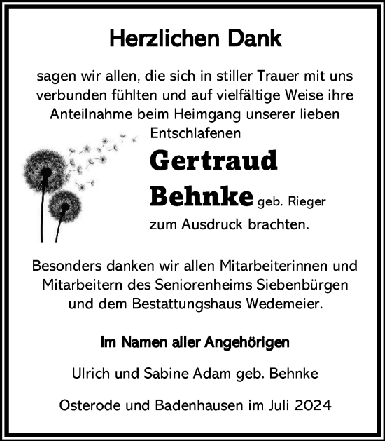 Traueranzeige von Gertraud Behnke von Harz Kurier
