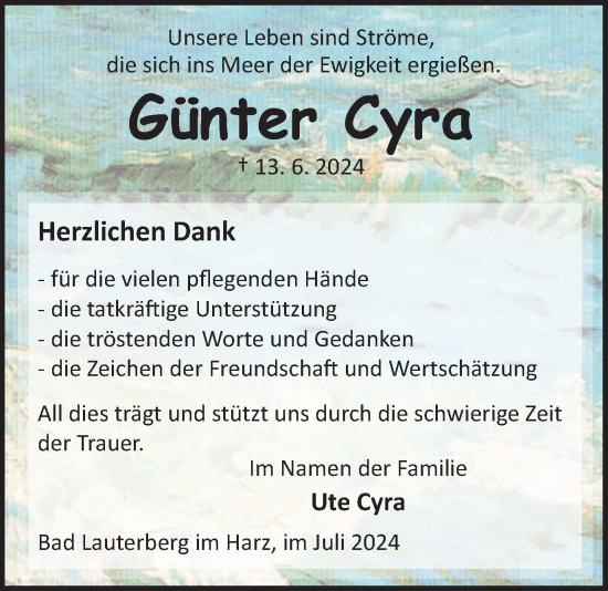 Traueranzeige von Günter Cyra von Harz Kurier