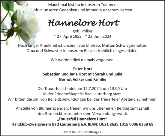 Traueranzeige von Hannelore Hort von Harz Kurier