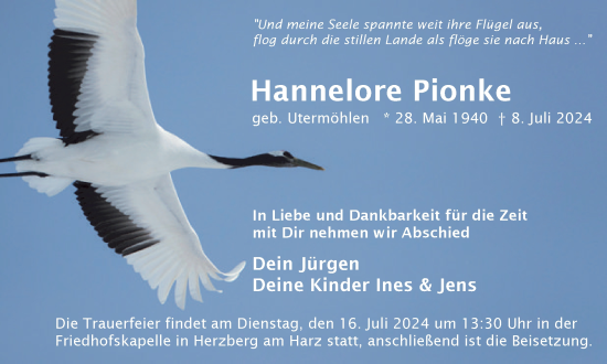 Traueranzeige von Hannelore Pionke von Harz Kurier
