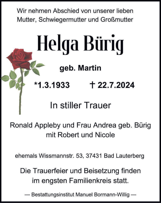 Traueranzeige von Helga Bürig von Harz Kurier