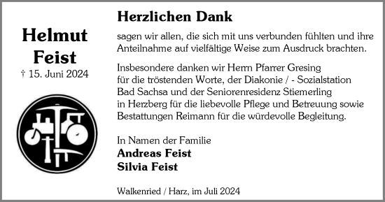 Traueranzeige von Helmut Feist von Harz Kurier