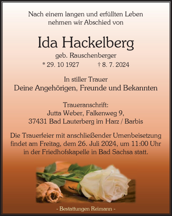 Traueranzeige von Ida Hackelberg von Harz Kurier