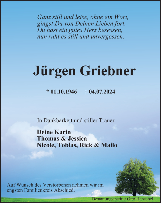 Traueranzeige von Jürgen Griebner von Harz Kurier