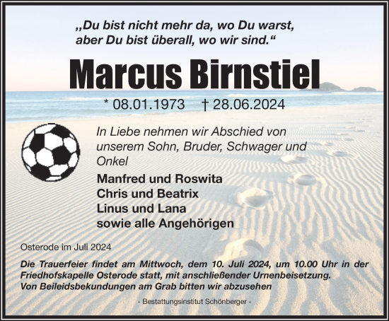 Traueranzeige von Marcus Birnstiel von Harz Kurier