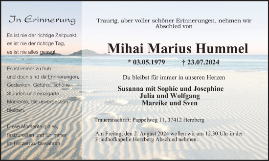 Traueranzeige von Mihai Marius Hummel von Harz Kurier