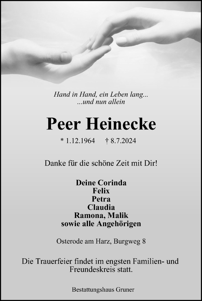  Traueranzeige für Peer Heinecke vom 13.07.2024 aus Harz Kurier