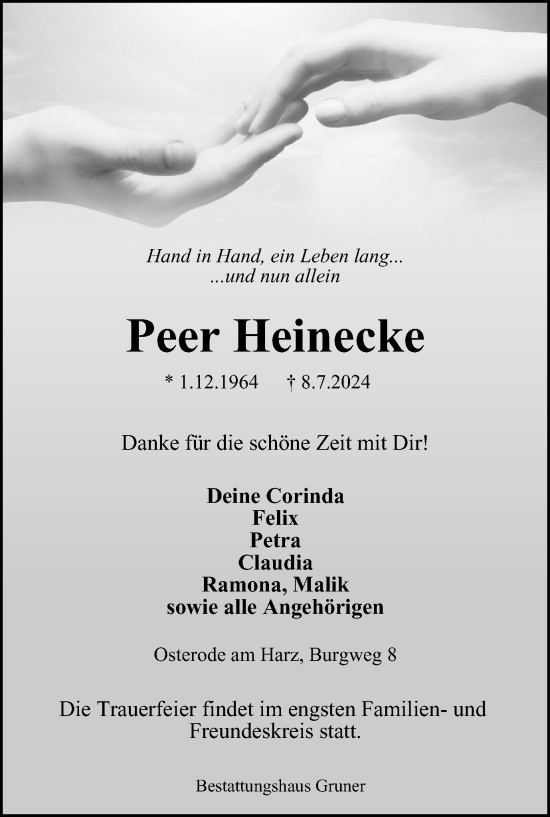 Traueranzeige von Peer Heinecke von Harz Kurier