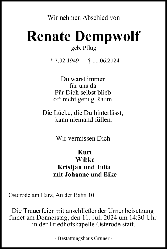 Traueranzeige von Renate Dempwolf von Harz Kurier
