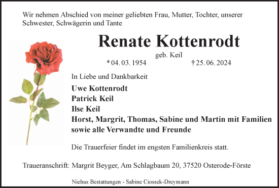 Traueranzeige von Renate Kottenrodt von Harz Kurier