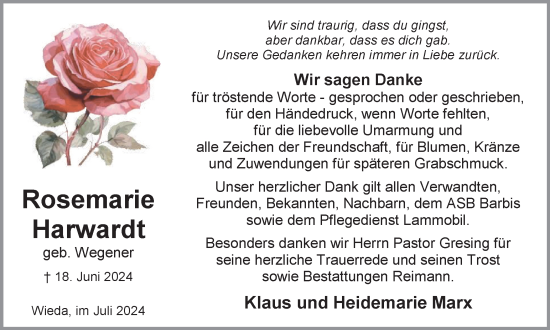 Traueranzeige von Rosemarie Harwardt von Harz Kurier