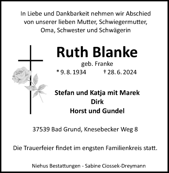 Traueranzeige von Ruth Blanke von Harz Kurier