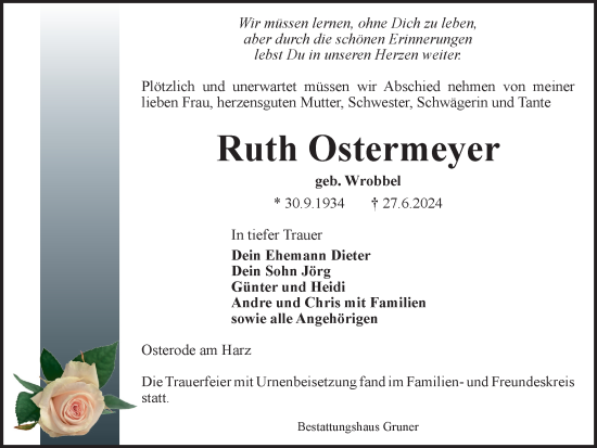 Traueranzeige von Ruth Ostermeyer von Harz Kurier