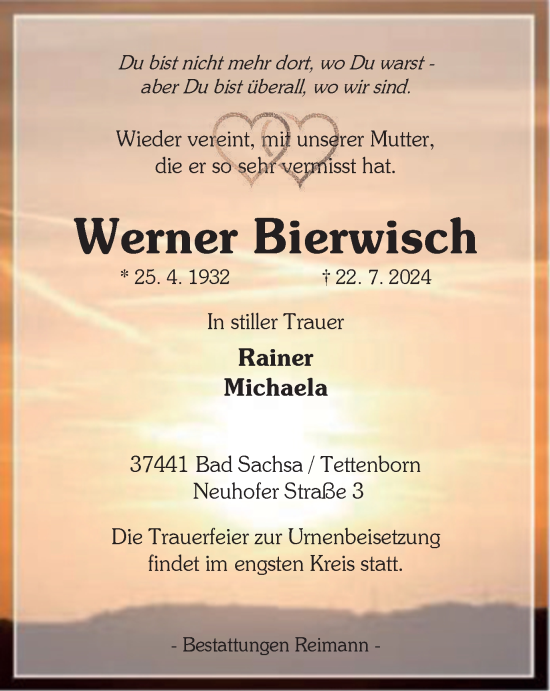 Traueranzeige von Werner Bierwisch von Harz Kurier
