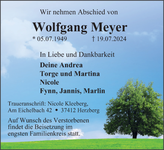 Traueranzeige von Wolfgang Meyer von Harz Kurier