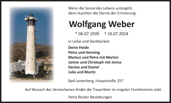 Traueranzeige von Wolfgang Weber von Harz Kurier