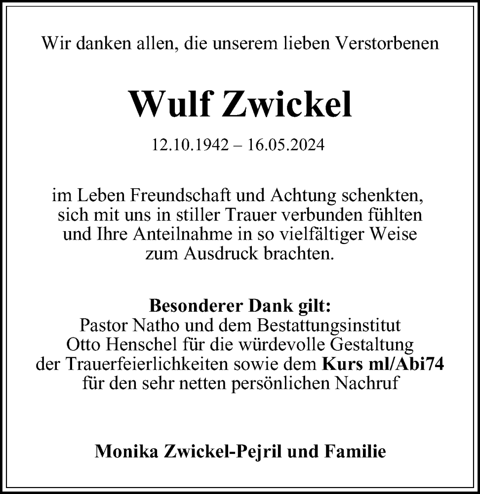  Traueranzeige für Wulf Zwickel vom 06.07.2024 aus Harz Kurier