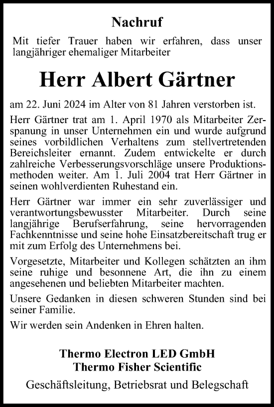 Traueranzeige von Albert Gärtner von Harz Kurier