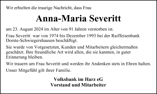 Traueranzeige von Anna-Maria Severitt von Harz Kurier