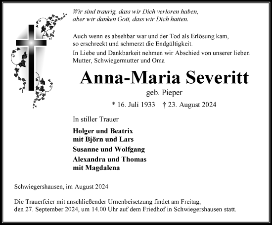 Traueranzeige von Anna-Maria Severitt von Harz Kurier