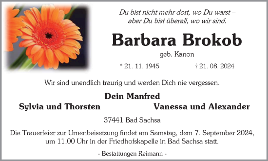 Traueranzeige von Barbara Brokob von Harz Kurier