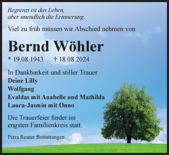 Traueranzeige von Bernd Wöhler von Harz Kurier