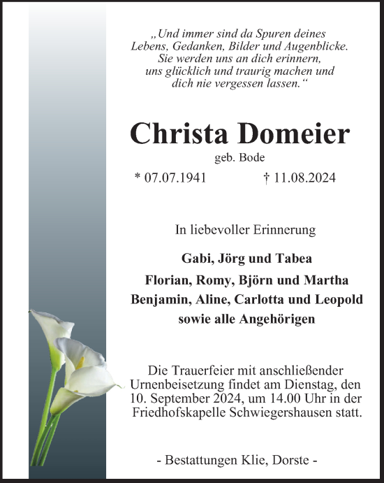 Traueranzeige von Christa Domeier von Harz Kurier