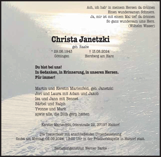 Traueranzeige von Christa Janetzki von Harz Kurier