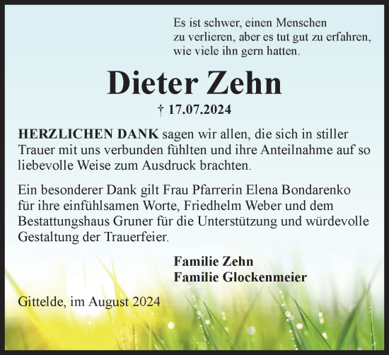 Traueranzeige von Dieter Zehn von Harz Kurier