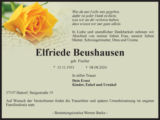 Traueranzeige von Elfriede Beushausen von Harz Kurier