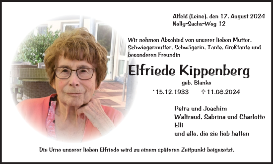Traueranzeige von Elfriede Kippenberg von Harz Kurier