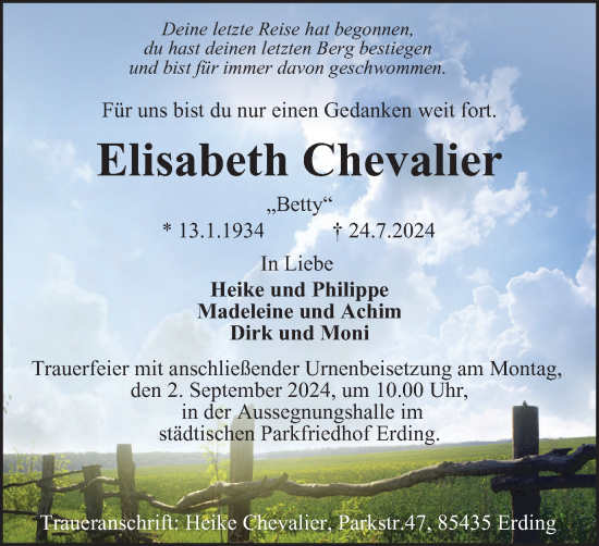 Traueranzeige von Elisabeth Chevalier von Harz Kurier