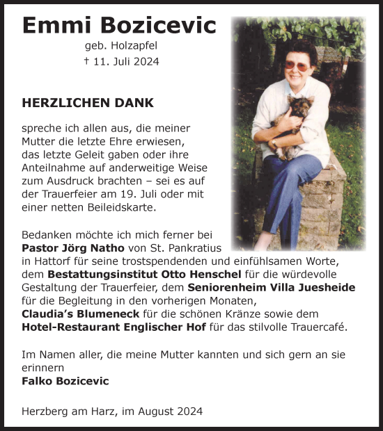 Traueranzeige von Emmi Bozicevic von Harz Kurier
