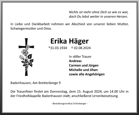 Traueranzeige von Erika Häger von Harz Kurier