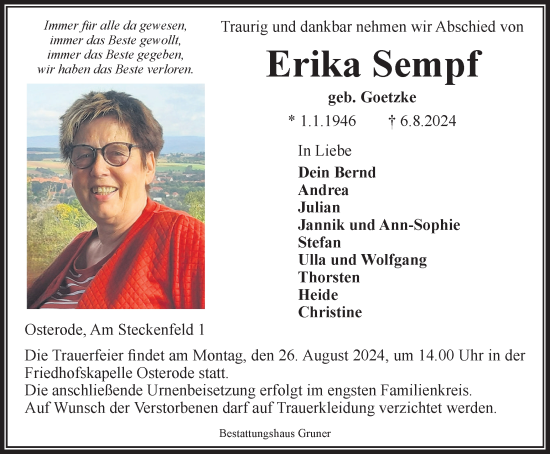 Traueranzeige von Erika Sempf von Harz Kurier