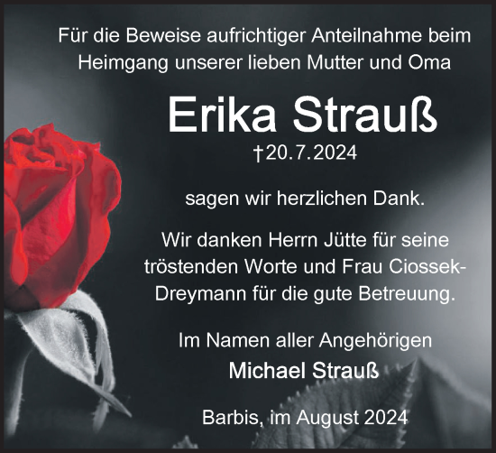 Traueranzeige von Erika Strauß von Harz Kurier