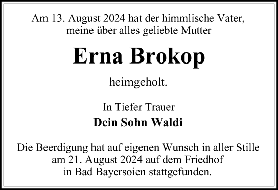 Traueranzeige von Erna Brokop von Harz Kurier