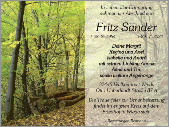 Traueranzeige von Fritz Sander von Harz Kurier