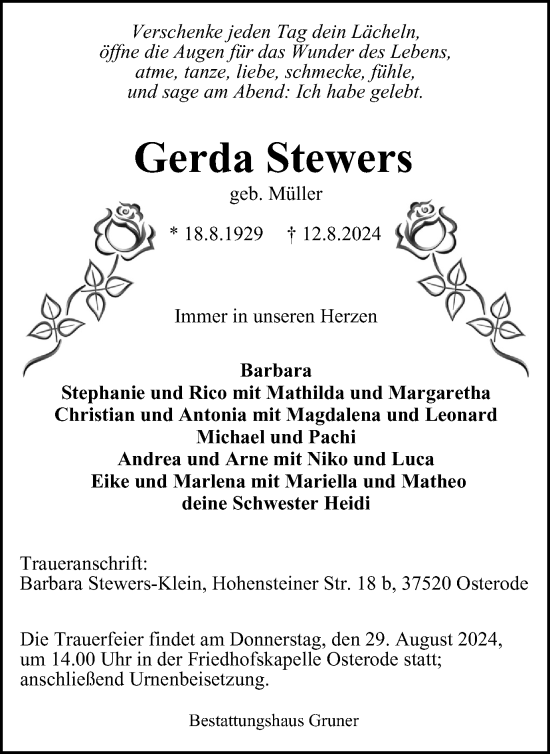 Traueranzeige von Gerda Stewers von Harz Kurier