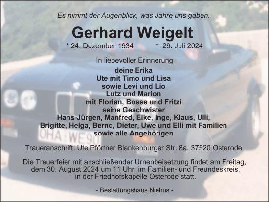 Traueranzeige von Gerhard Weigelt von Harz Kurier