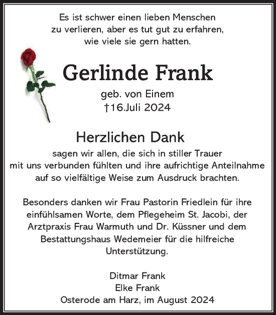 Traueranzeige von Gerlinde Frank von Harz Kurier