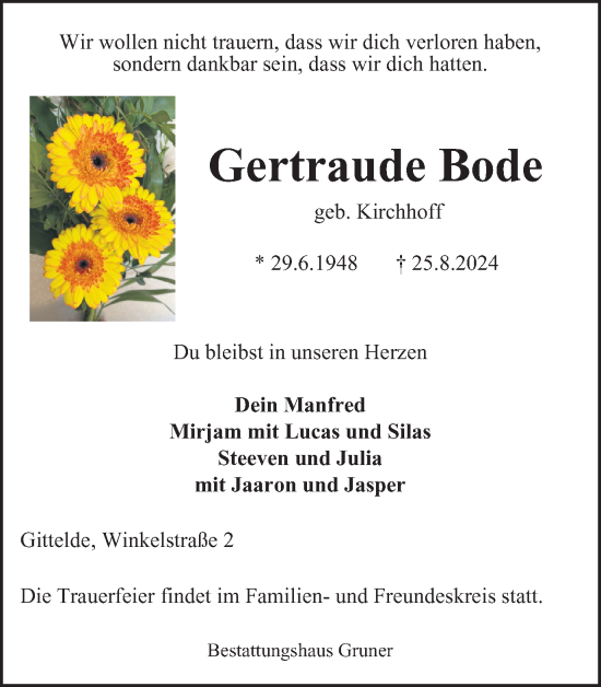 Traueranzeige von Gertraude Bode von Harz Kurier