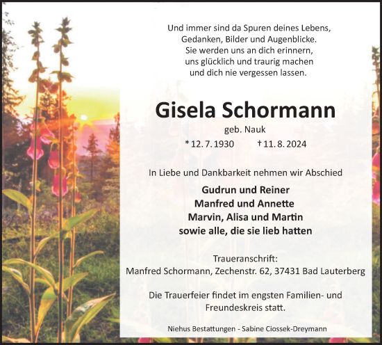 Traueranzeige von Gisela Schormann von Harz Kurier