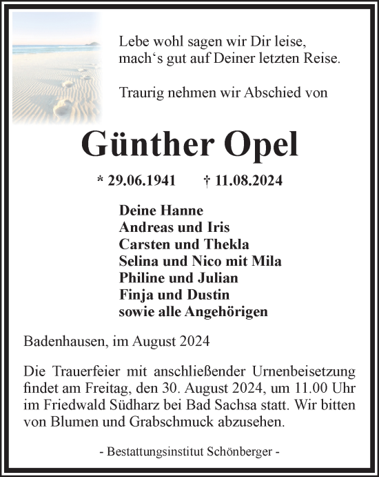 Traueranzeige von Günther Opel von Harz Kurier