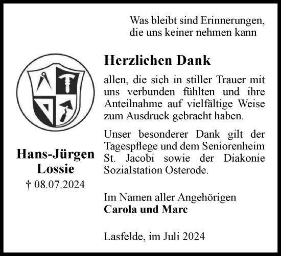 Traueranzeige von Hans-Jürgen Lossie von Harz Kurier