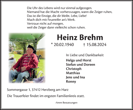 Traueranzeige von Heinz Brehm von Harz Kurier