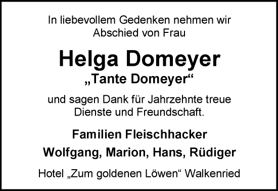 Traueranzeige von Helga Domeyer von Harz Kurier